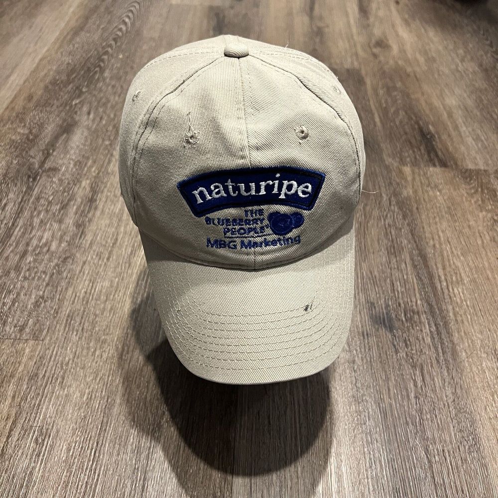 Vintage Blueberry Farm Hat Khaki Chore Work Distressed Organic Fruit Vegan Brown
